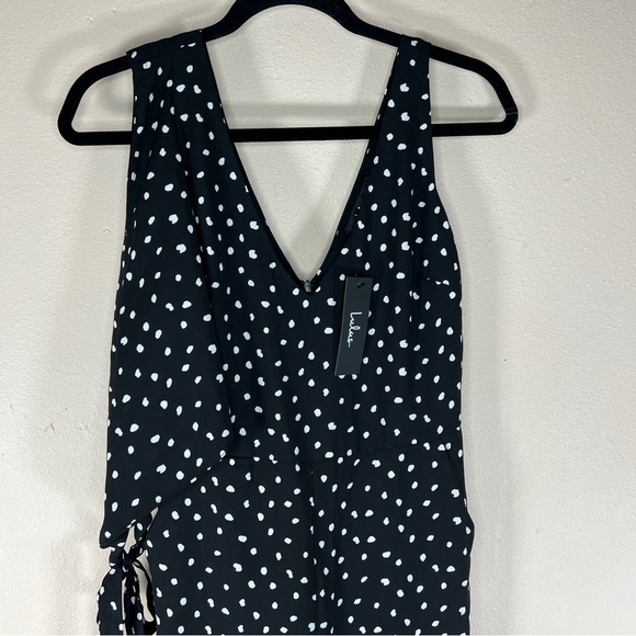 NEW LULUS XS JUMPSUIT BLACK WHITE POLKA DOT V NECK ASYMMETRICAL SLEEVE RETRO - Picture 12 of 15
